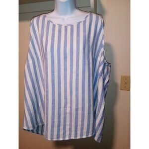 JOAN RIVERS Blouse Womens 2X‎ Top Striped White Blue Seersucker Linen Viscose